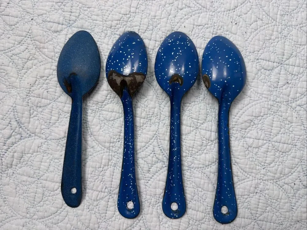Vintage Blue and White Speckled Enamelware/Graniteware Spoons - Set of 9